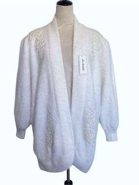 Vintage Lee Sands Rabbit Angora Beaded Pearl Open Front Cardigan Sweater Coat
